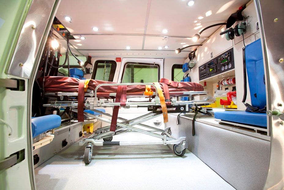 Stretcher and medical equipment fitted inside an air ambulance cabin