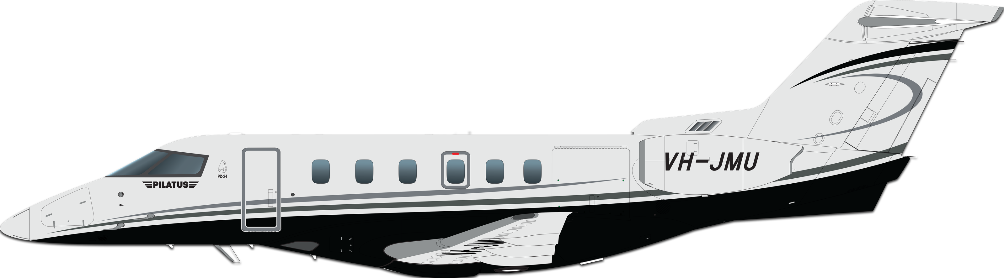 Pilatus PC-24 business jet in white and black, side view