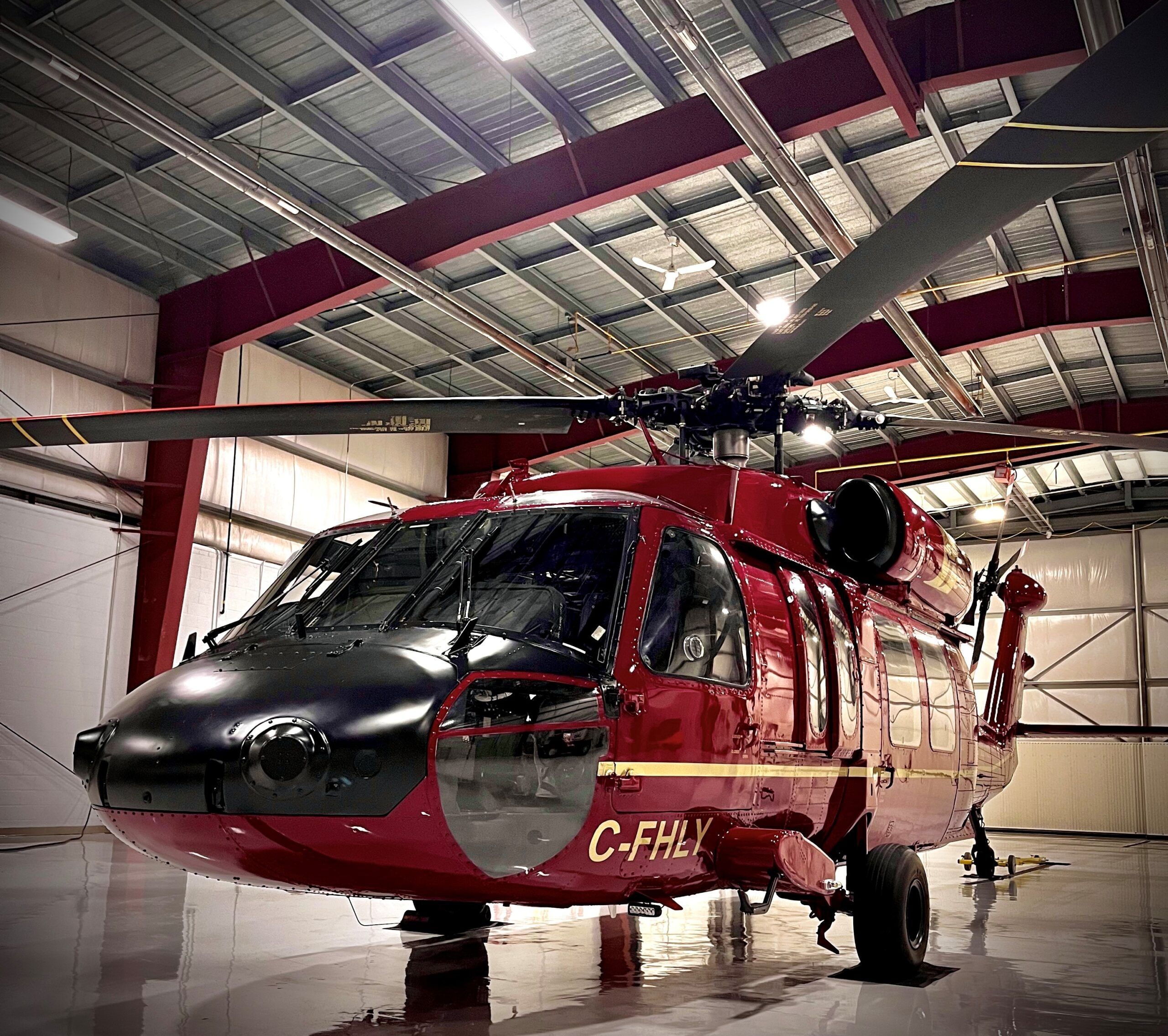 Close view of the Black Hawk nose and cockpit in the hangar